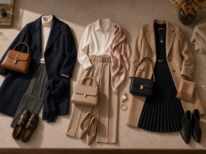 Refined outfit combinations with coat, bag, shoes, and accessories