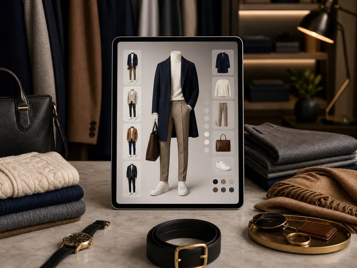 Virtual outfit preview beside clothing and accessories